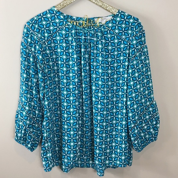 LOFT Tops - LOFT 3/4 Blue Geometric Pattern Blouse